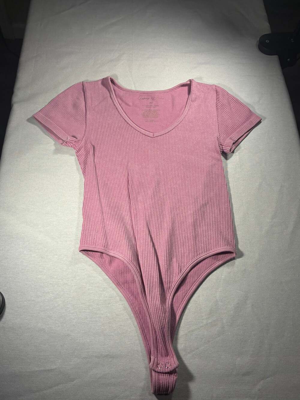Pink Ribbed V Neck Thong Bodysuit Short Sleeve Y2K Coquette Fitted Top Size XS